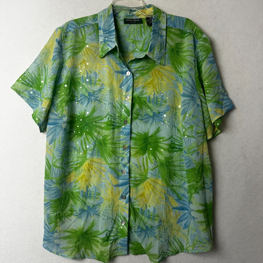 Lemon Grass Studio Tropical Palm Sequin Button Down Shirt Green Blue 3X Plus